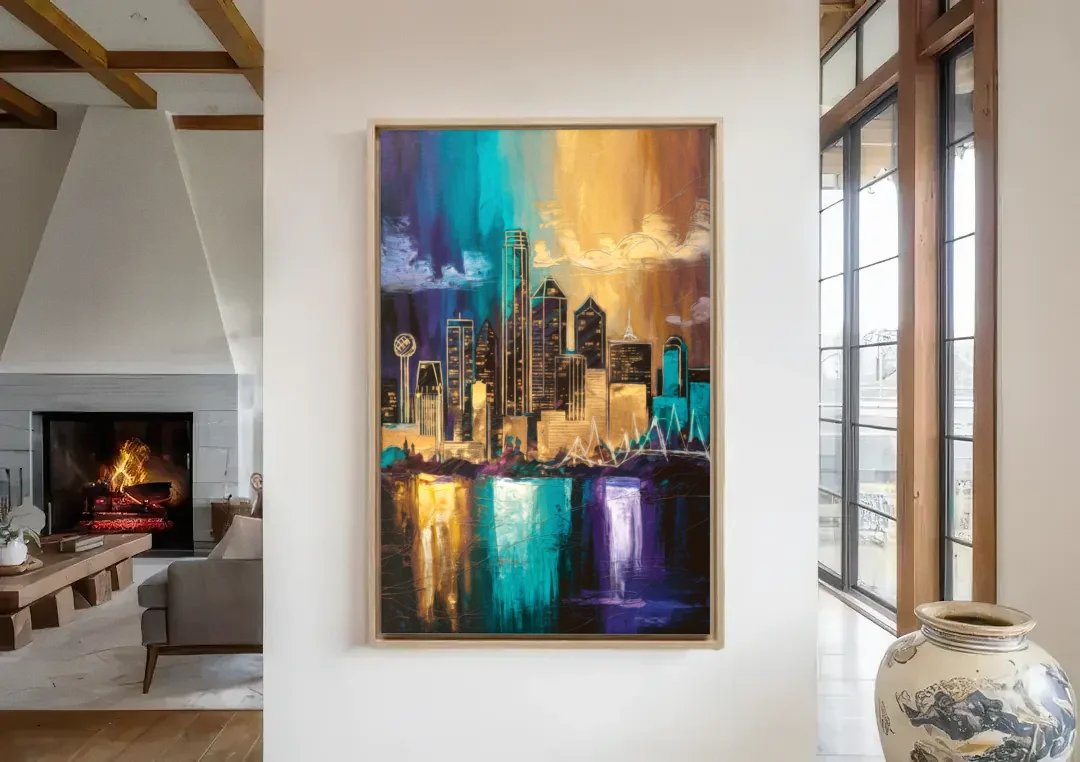 Dallas Iconic Skyline canvas wall art in a living room with a fireplace