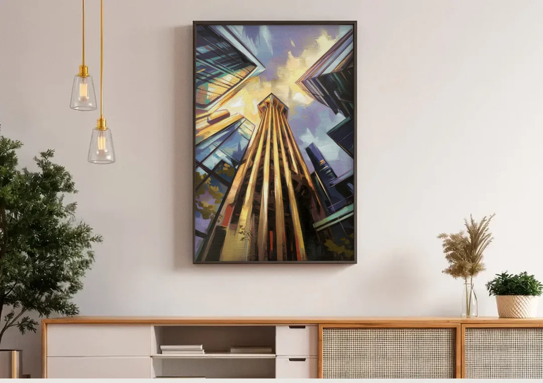 Dallas Modern Architecture canvas wall art above a wooden sideboard under pendant lights