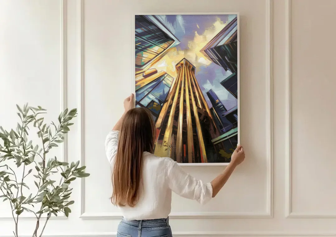 Dallas Modern Architecture canvas wall art being hung on a paneled wall
