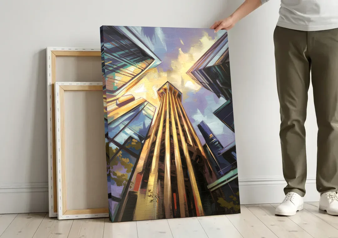 Dallas Modern Architecture canvas wall art leaning against a wall next to blank canvases