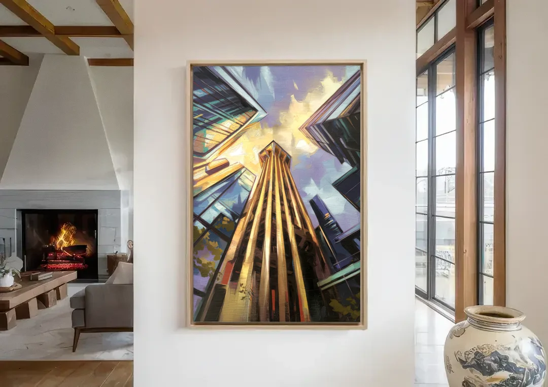 Dallas Modern Architecture canvas wall art in a living room with a fireplace