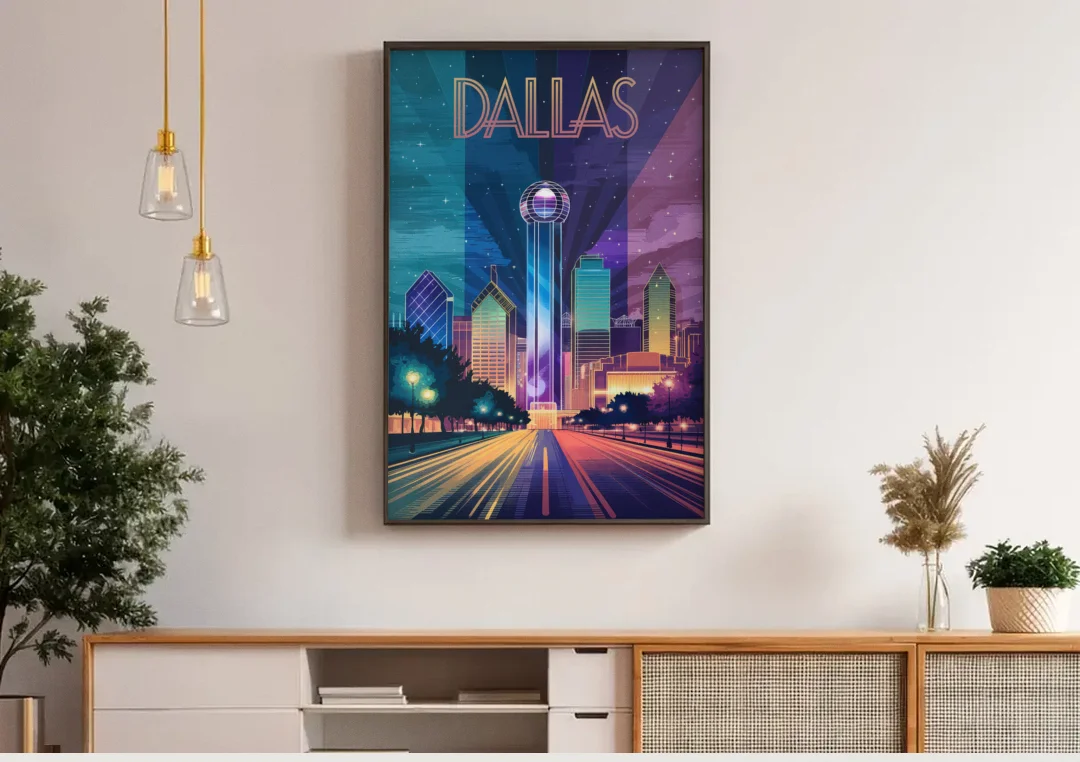 Dallas Night Lights canvas wall art above a wooden sideboard under pendant lights