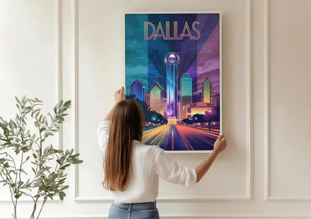 Dallas Night Lights canvas wall art being hung on a paneled wall
