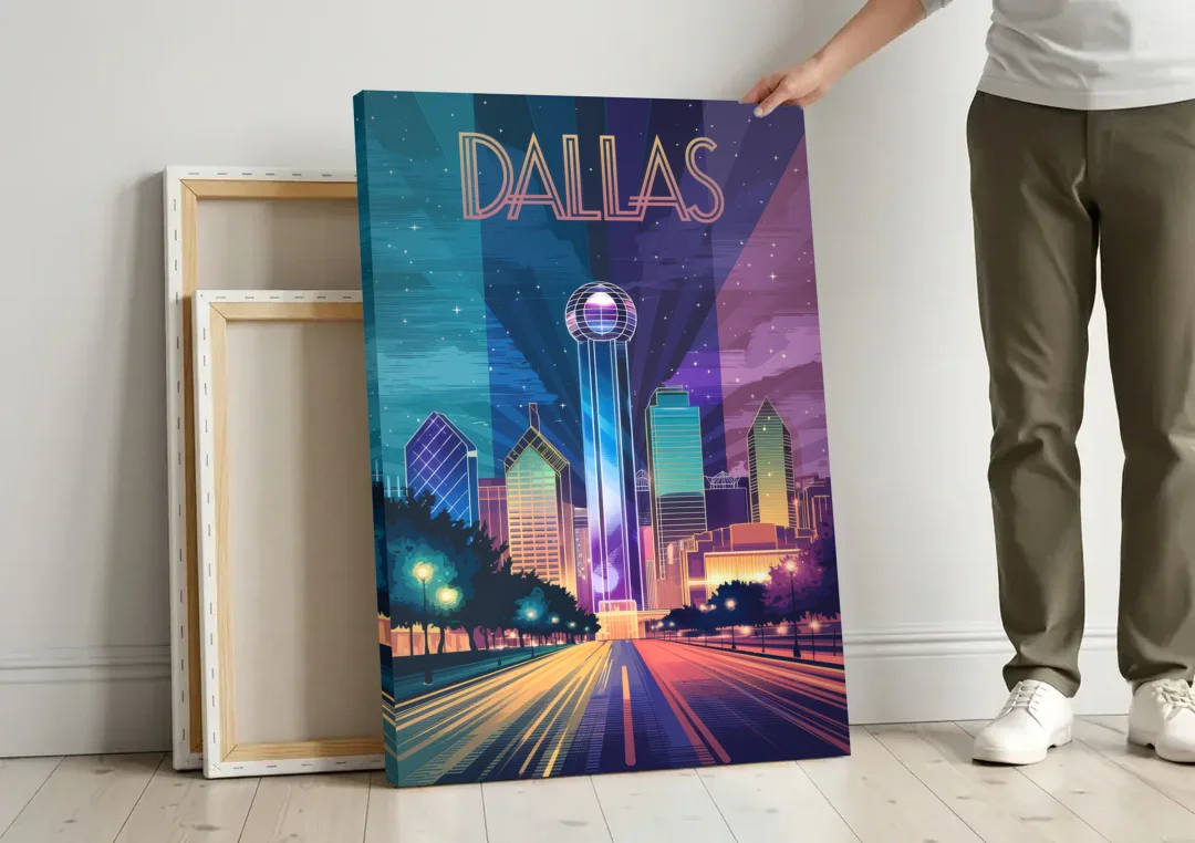 Dallas Night Lights canvas wall art leaning against a wall next to blank canvases
