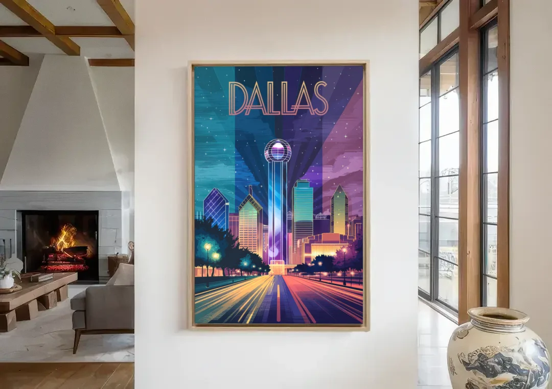 Dallas Night Lights canvas wall art in a living room with a fireplace