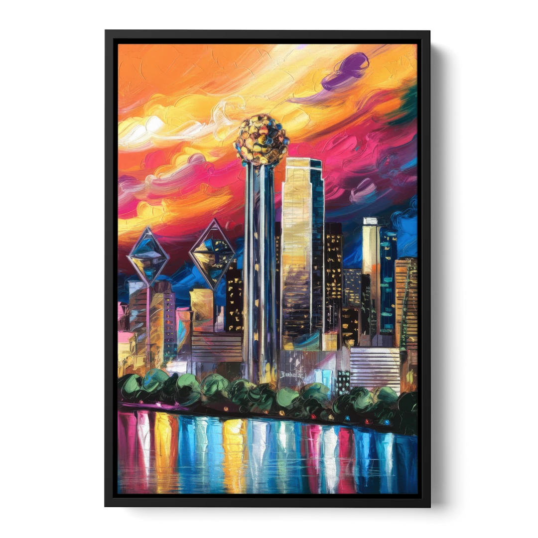 Dallas Skyline at Sunset - Black Framed Canvas Wall Art - Front
