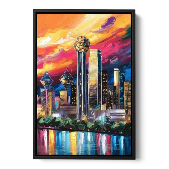 Dallas Skyline at Sunset - Black Framed Canvas Wall Art - Front