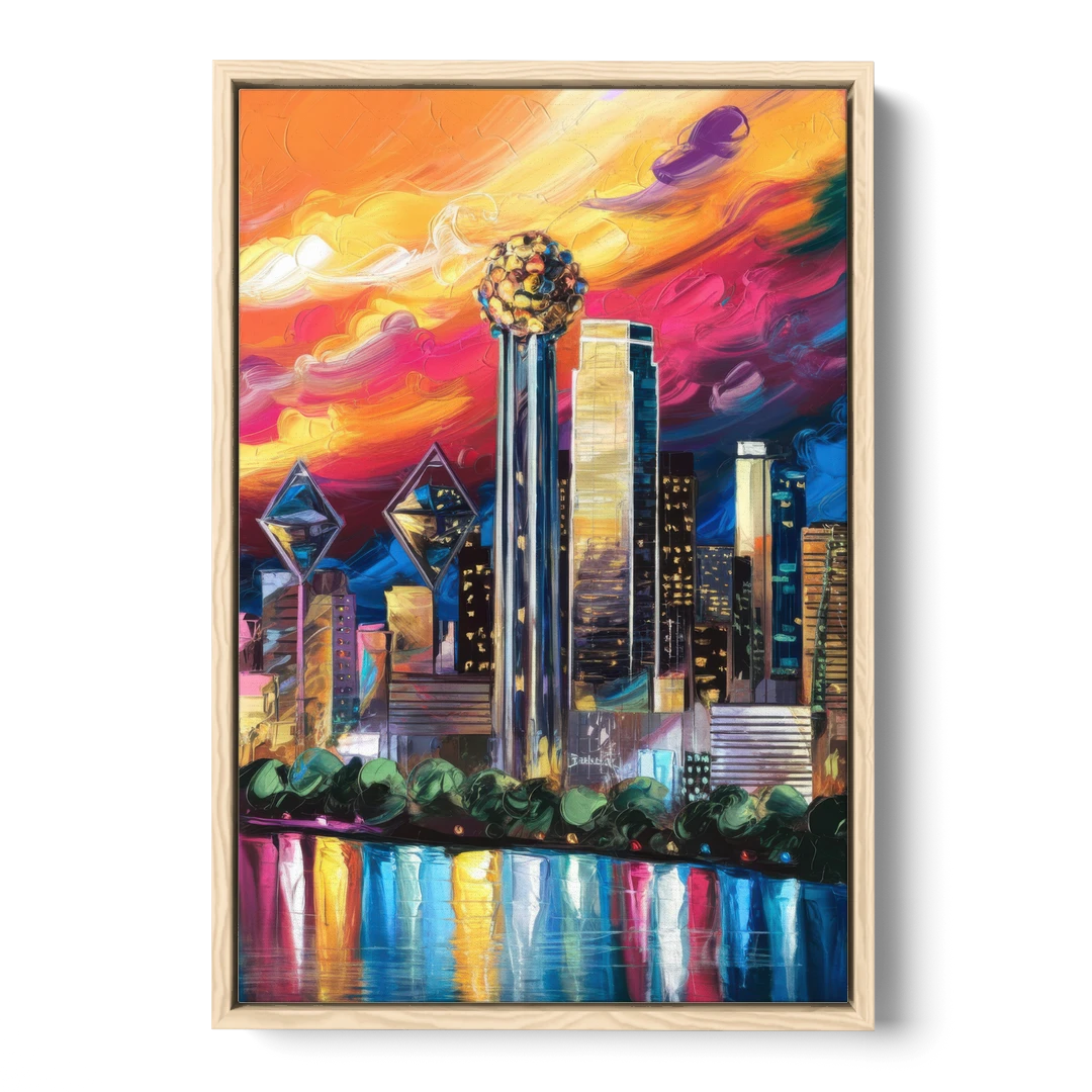 Dallas Skyline at Sunset - Oak Framed Canvas Wall Art - Front