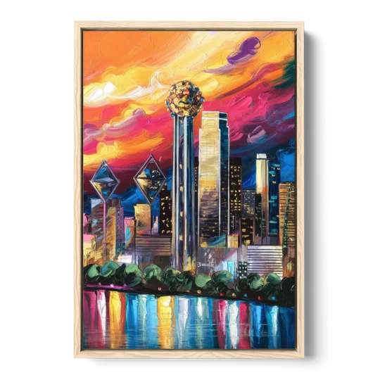 Dallas Skyline at Sunset - Oak Framed Canvas Wall Art - Front