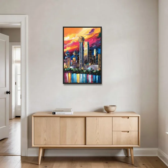 Dallas Skyline at Sunset - Black Framed Canvas Wall Art - Coffee Table - 24x36
