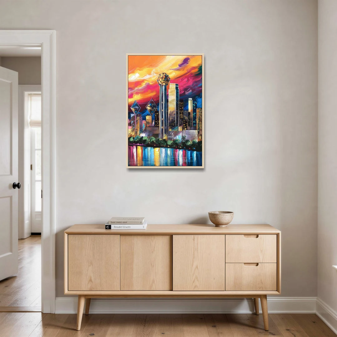 Dallas Skyline at Sunset - Oak Framed Canvas Wall Art - Coffee Table - 24x36