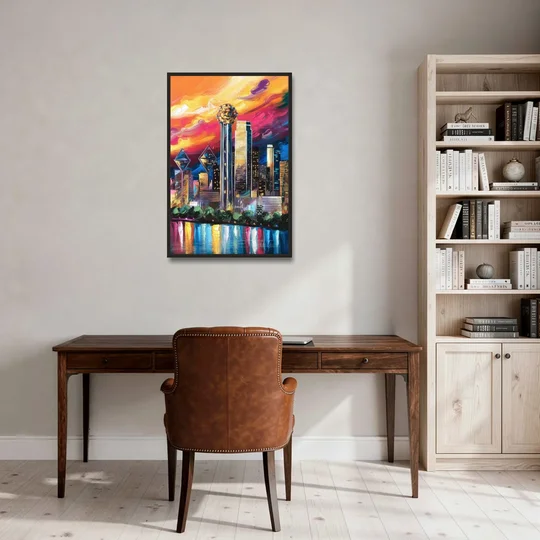 Dallas Skyline at Sunset - Black Framed Canvas Wall Art - Office - 24x36