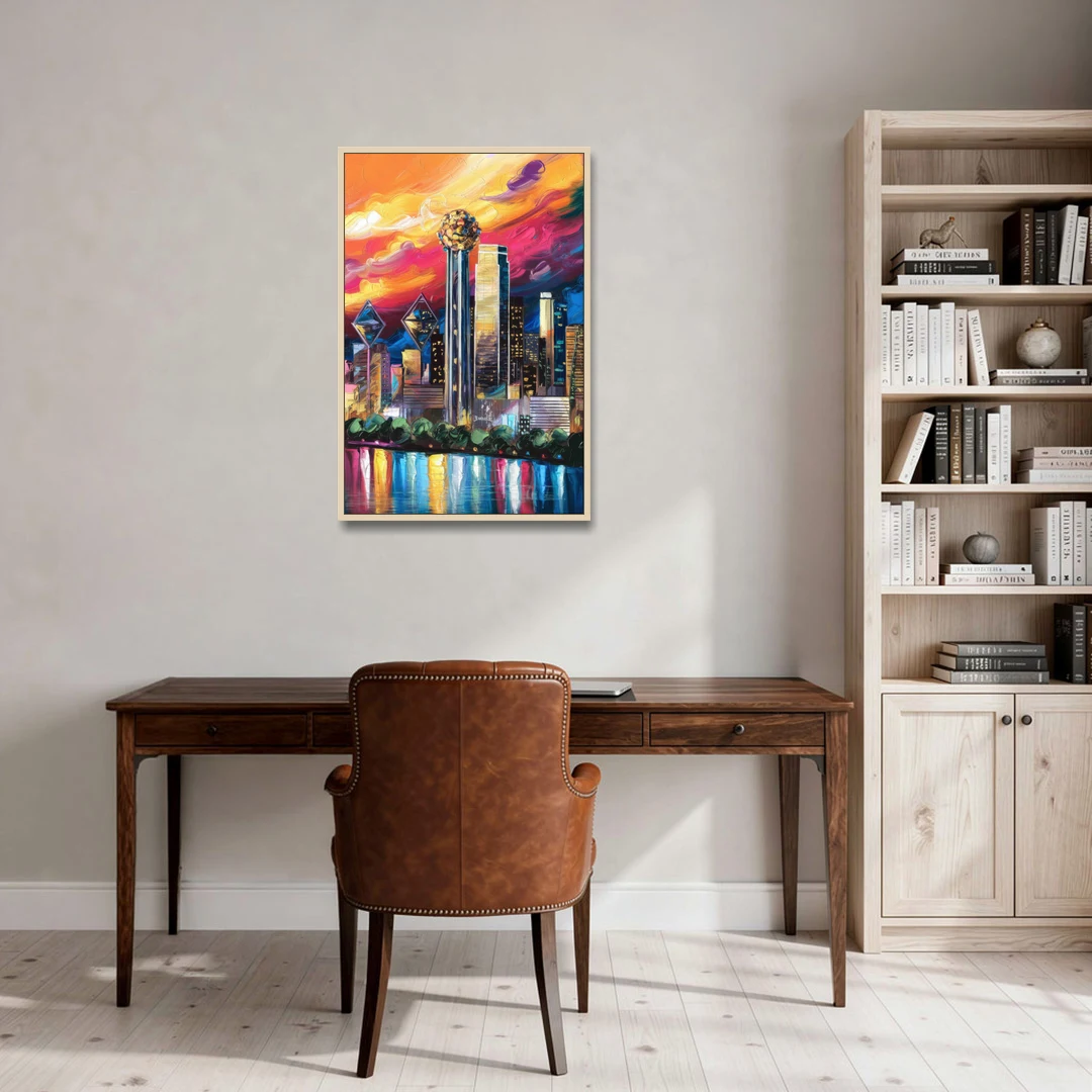 Dallas Skyline at Sunset - Oak Framed Canvas Wall Art - Office - 24x36