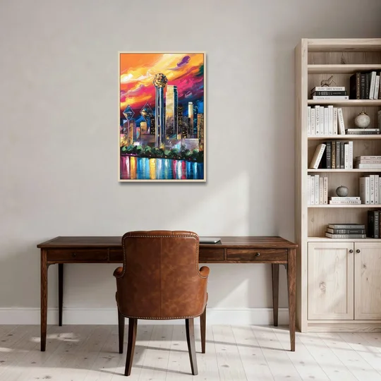Dallas Skyline at Sunset - Oak Framed Canvas Wall Art - Office - 24x36