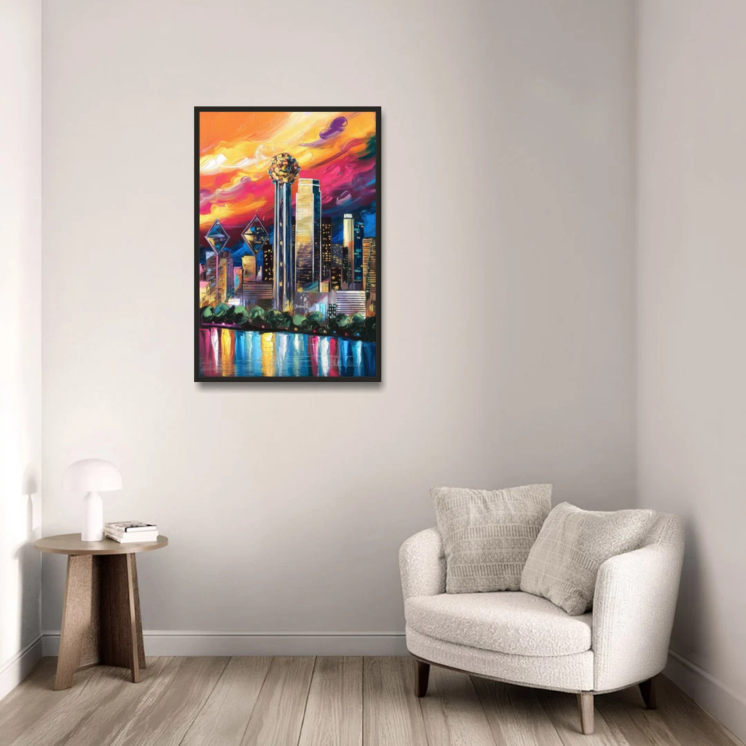 Dallas Skyline at Sunset - Black Framed Canvas Wall Art - Sofa - 24x36