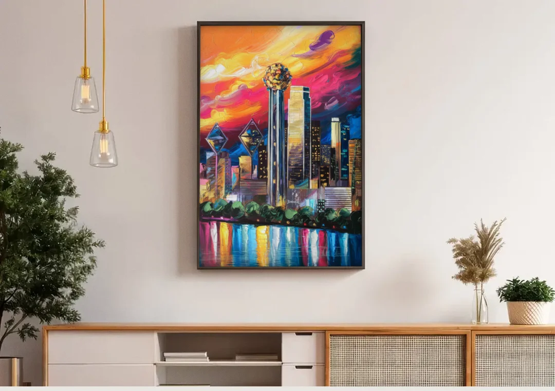 Dallas Skyline at Sunset canvas wall art above a wooden sideboard under pendant lights