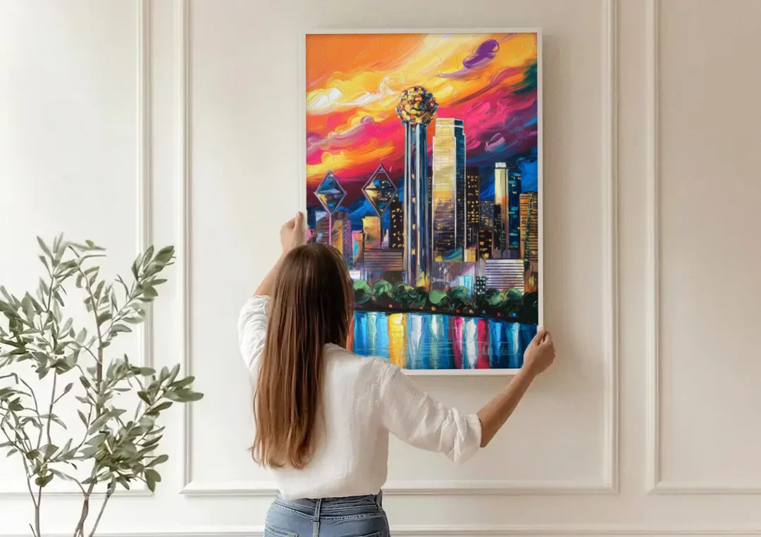 Dallas Skyline at Sunset canvas wall art being hung on a paneled wall