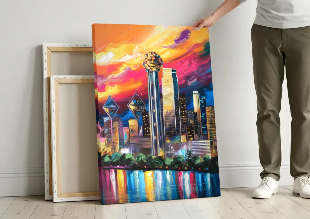 Dallas Skyline at Sunset canvas wall art leaning against a wall next to blank canvases
