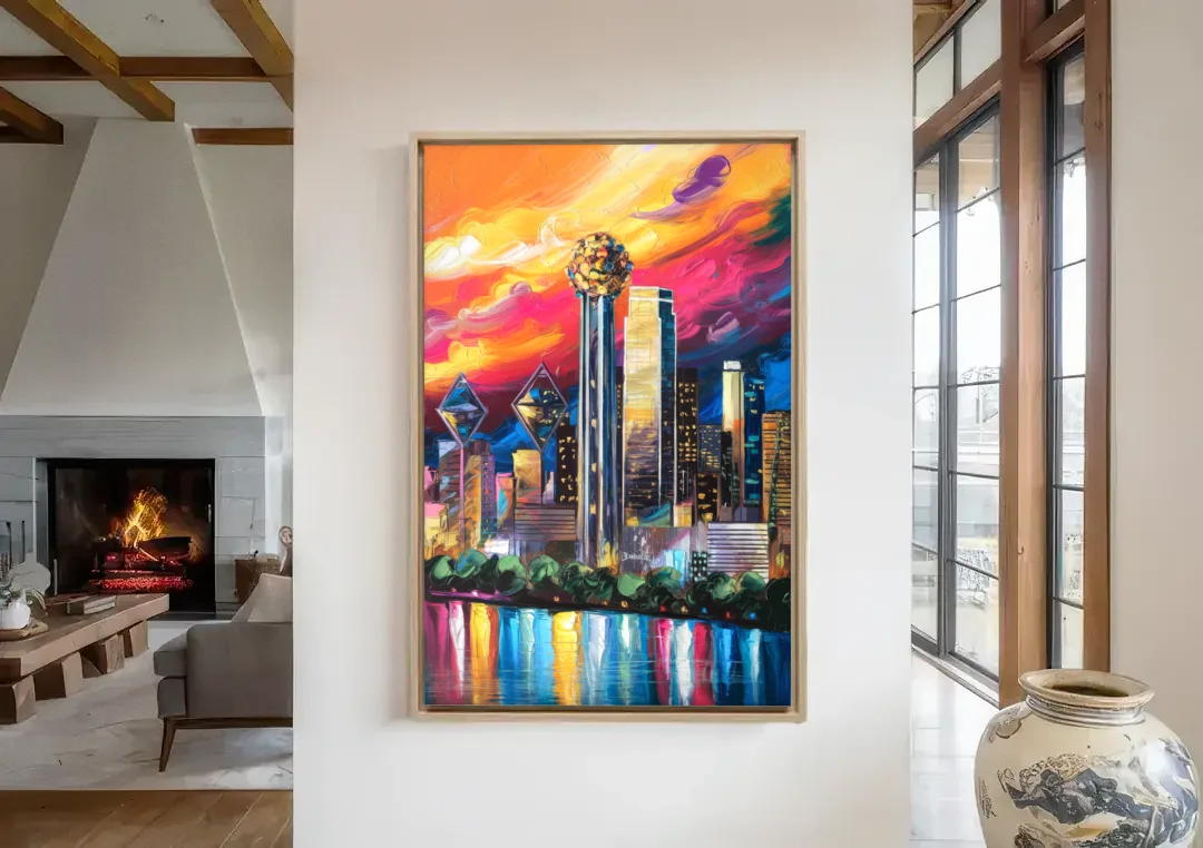 Dallas Skyline at Sunset canvas wall art in a living room with a fireplace