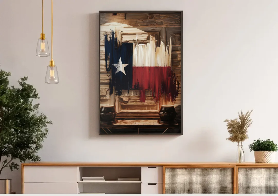 Dallas Texas Flag canvas wall art above a wooden sideboard under pendant lights