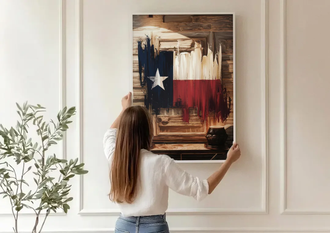 Dallas Texas Flag canvas wall art being hung on a paneled wall