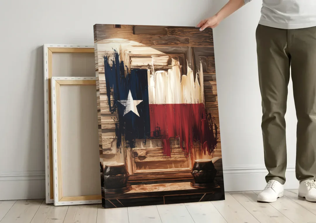 Dallas Texas Flag canvas wall art leaning against a wall next to blank canvases
