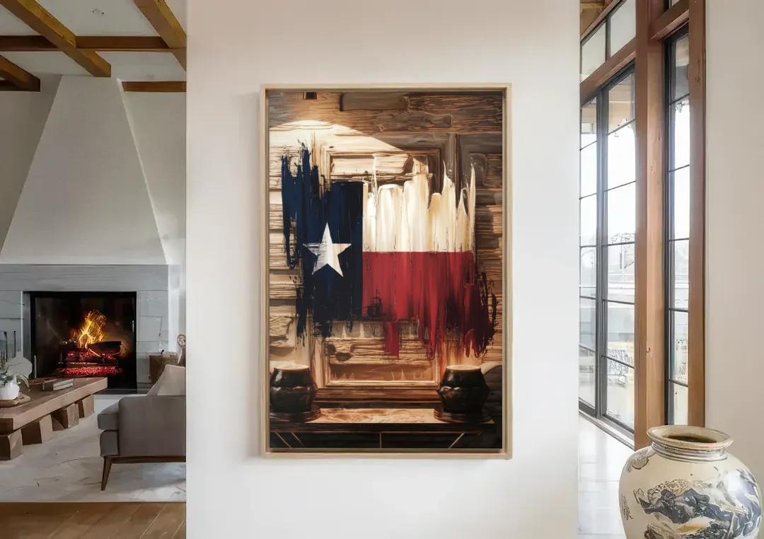 Dallas Texas Flag canvas wall art in a living room with a fireplace