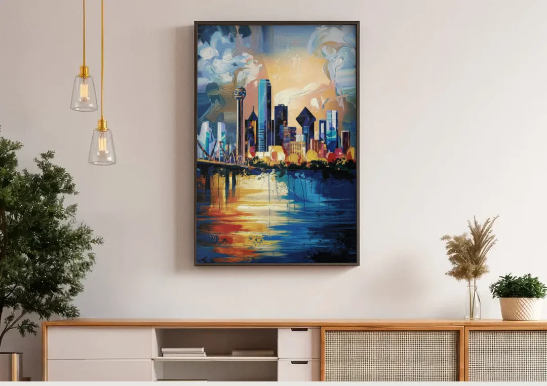 Dallas Unique Perspectives canvas wall art above a wooden sideboard under pendant lights