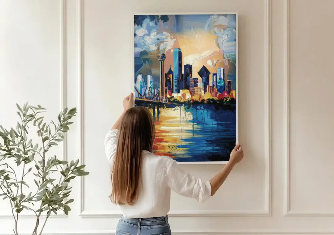 Dallas Unique Perspectives canvas wall art being hung on a paneled wall