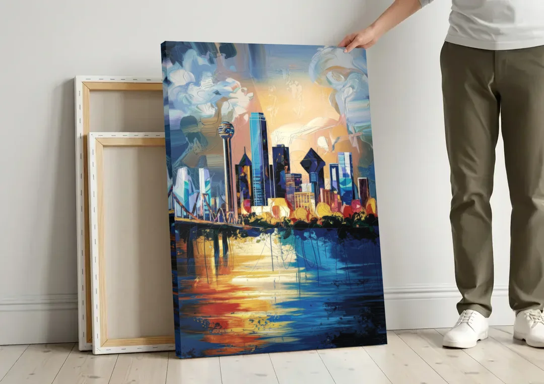 Dallas Unique Perspectives canvas wall art leaning against a wall next to blank canvases