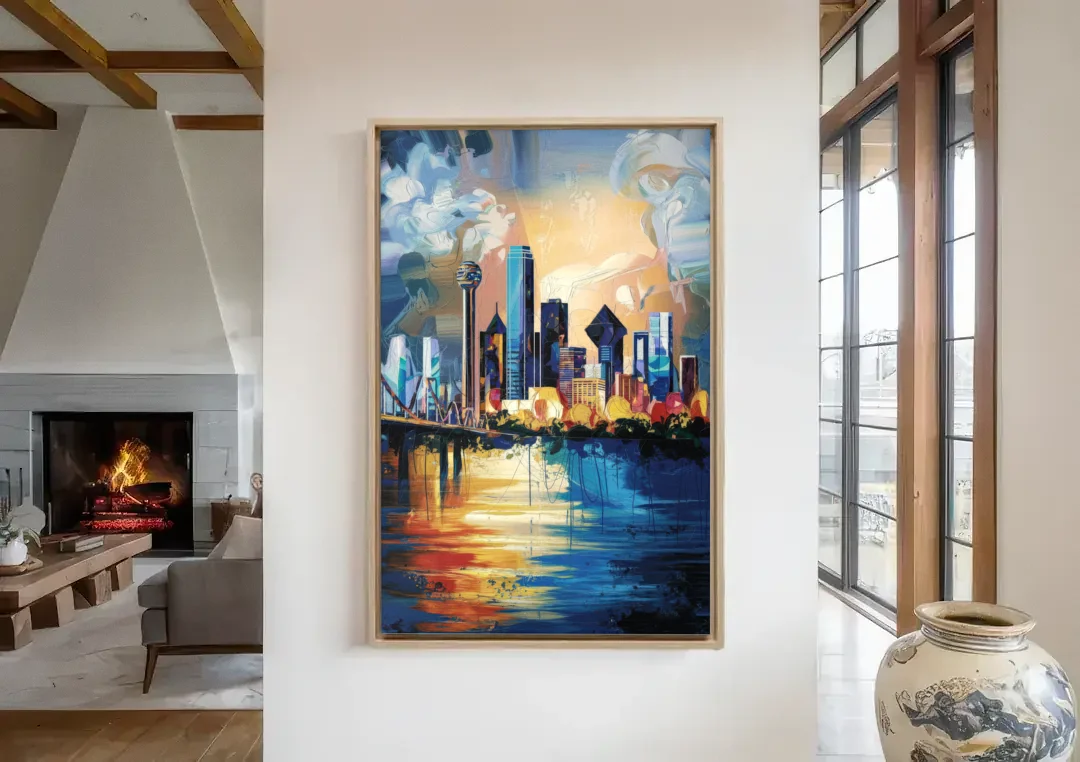 Dallas Unique Perspectives canvas wall art in a living room with a fireplace