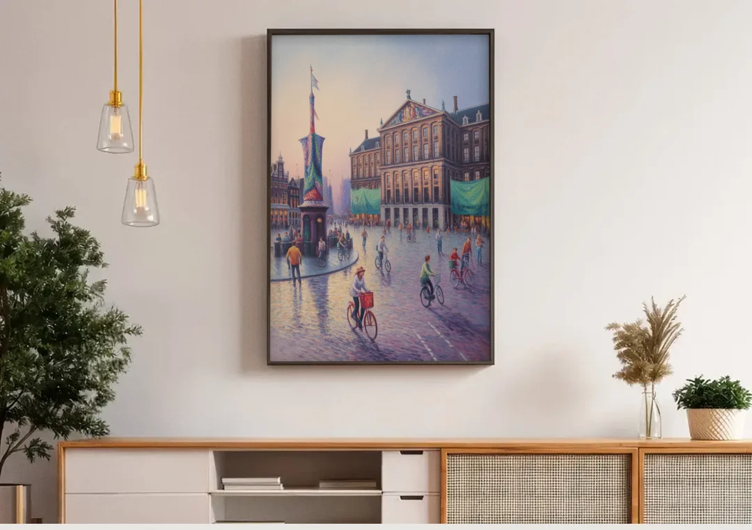 Dam Square Dreams canvas wall art above a wooden sideboard under pendant lights