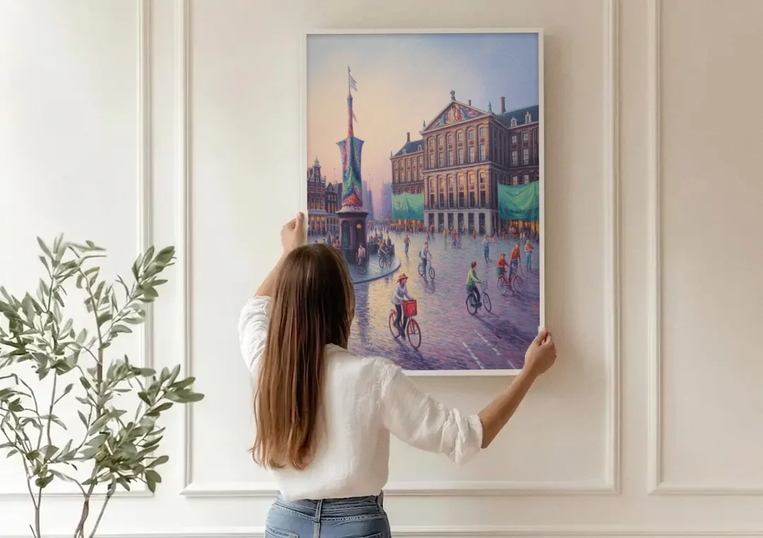 Dam Square Dreams canvas wall art being hung on a paneled wall
