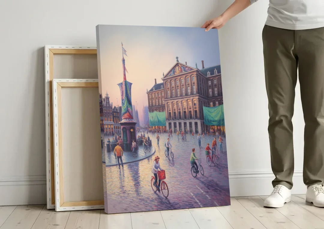 Dam Square Dreams canvas wall art leaning against a wall next to blank canvases