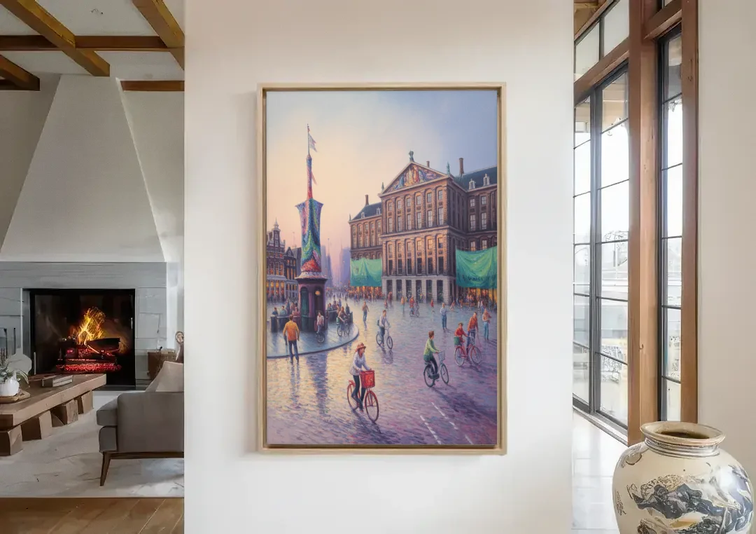 Dam Square Dreams canvas wall art in a living room with a fireplace