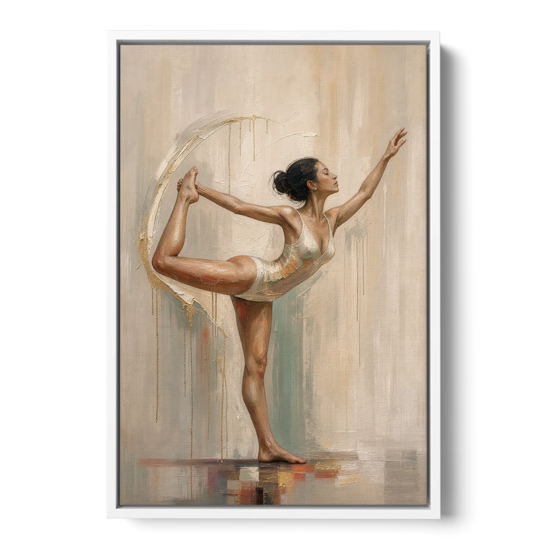 Dancer Pose Balance with Palette Knife Arc - White Framed Canvas Wall Art - Front