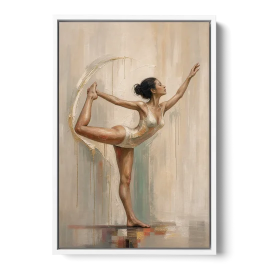 Dancer Pose Balance with Palette Knife Arc - White Framed Canvas Wall Art - Front