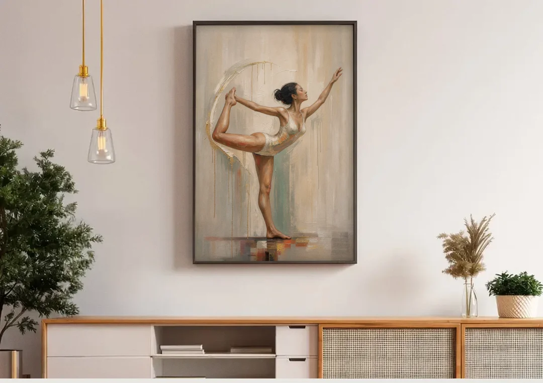 Dancer Pose Balance with Palette Knife Arc canvas wall art above a wooden sideboard under pendant lights