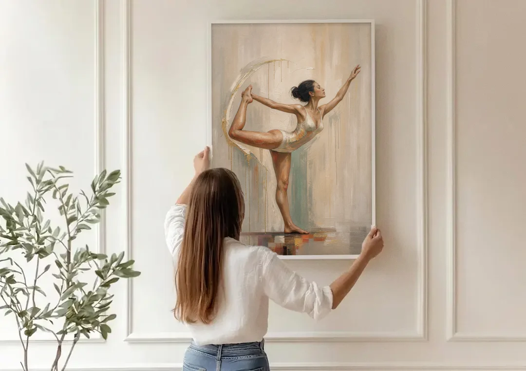 Dancer Pose Balance with Palette Knife Arc canvas wall art being hung on a paneled wall