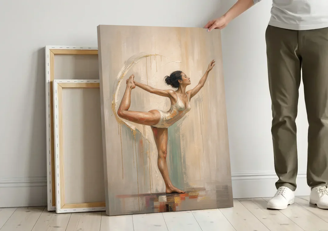 Dancer Pose Balance with Palette Knife Arc canvas wall art leaning against a wall next to blank canvases