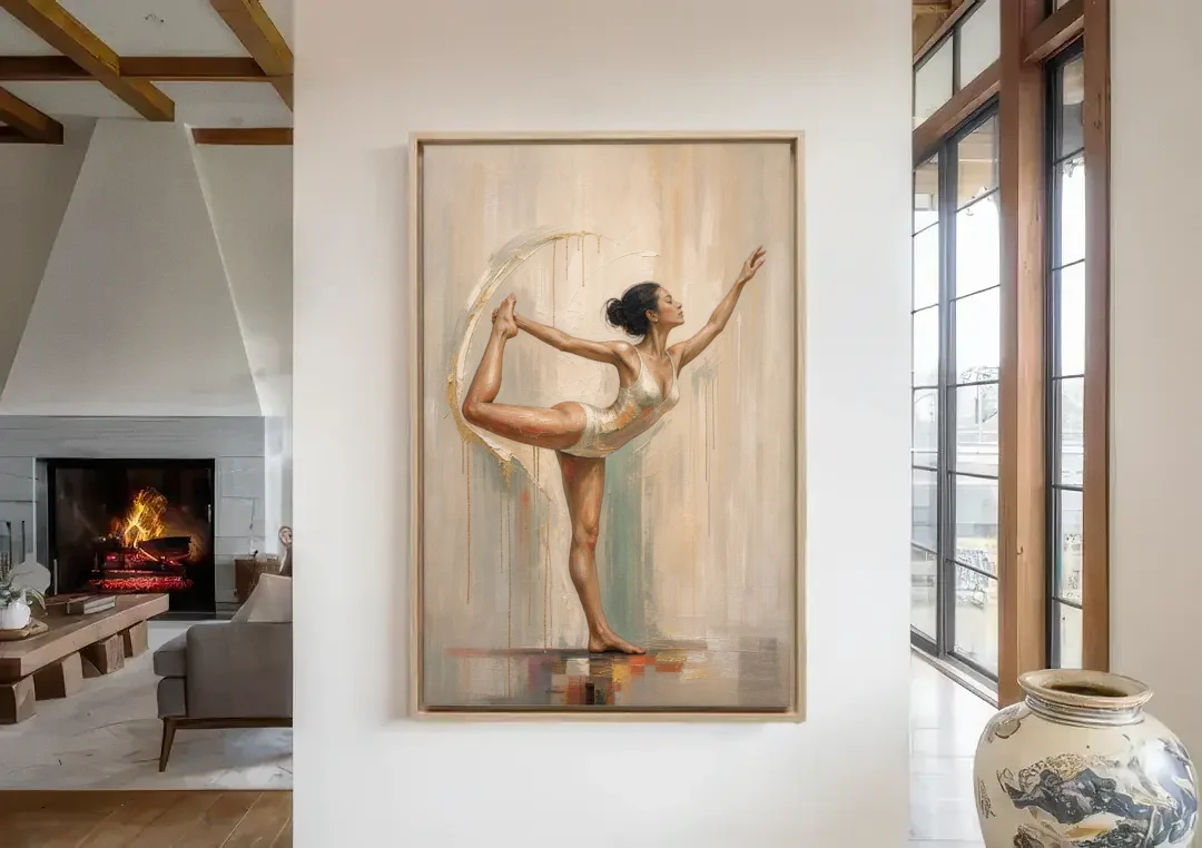 Dancer Pose Balance with Palette Knife Arc canvas wall art in a living room with a fireplace
