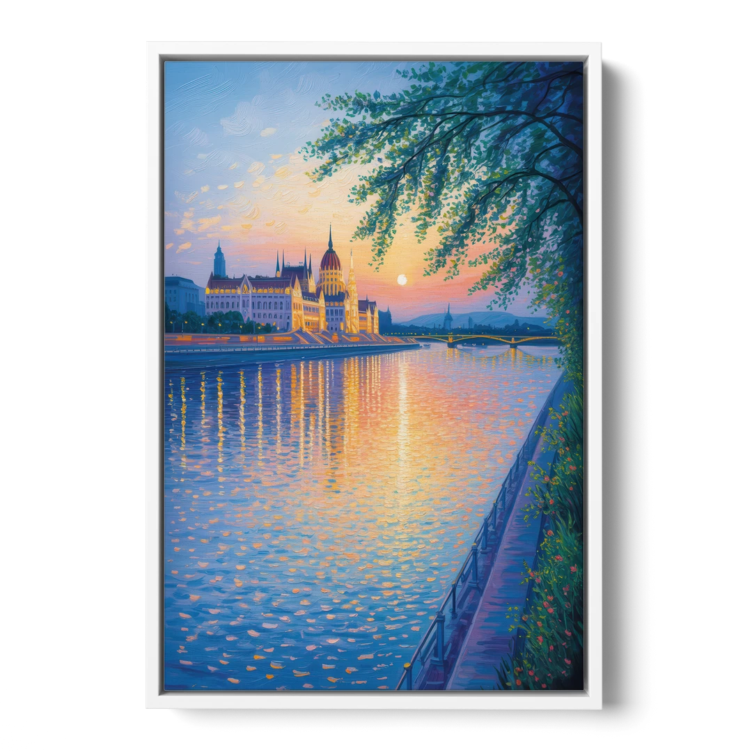 Danube Reflections - White Framed Canvas Wall Art - Front