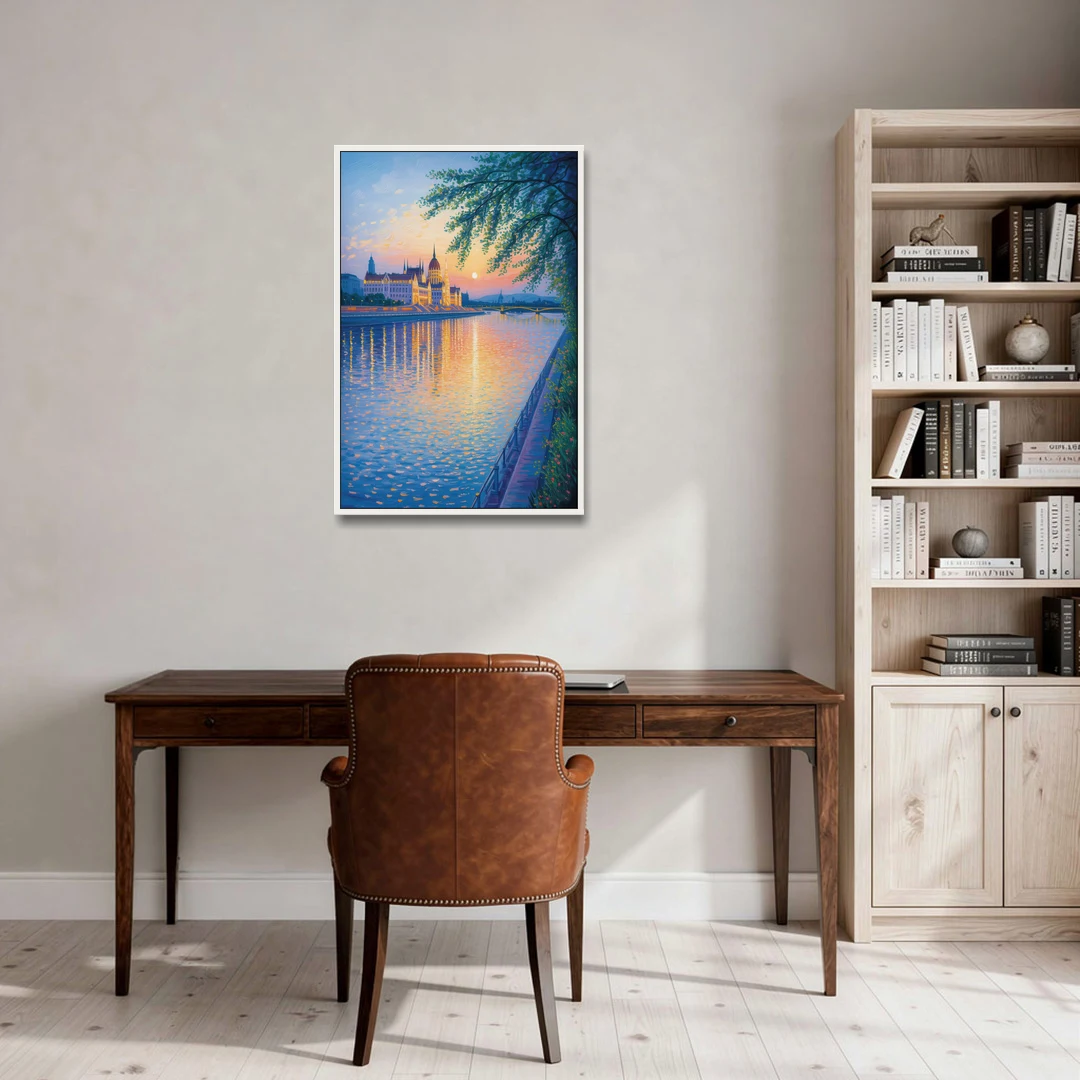 Danube Reflections - White Framed Canvas Wall Art - Office - 24x36