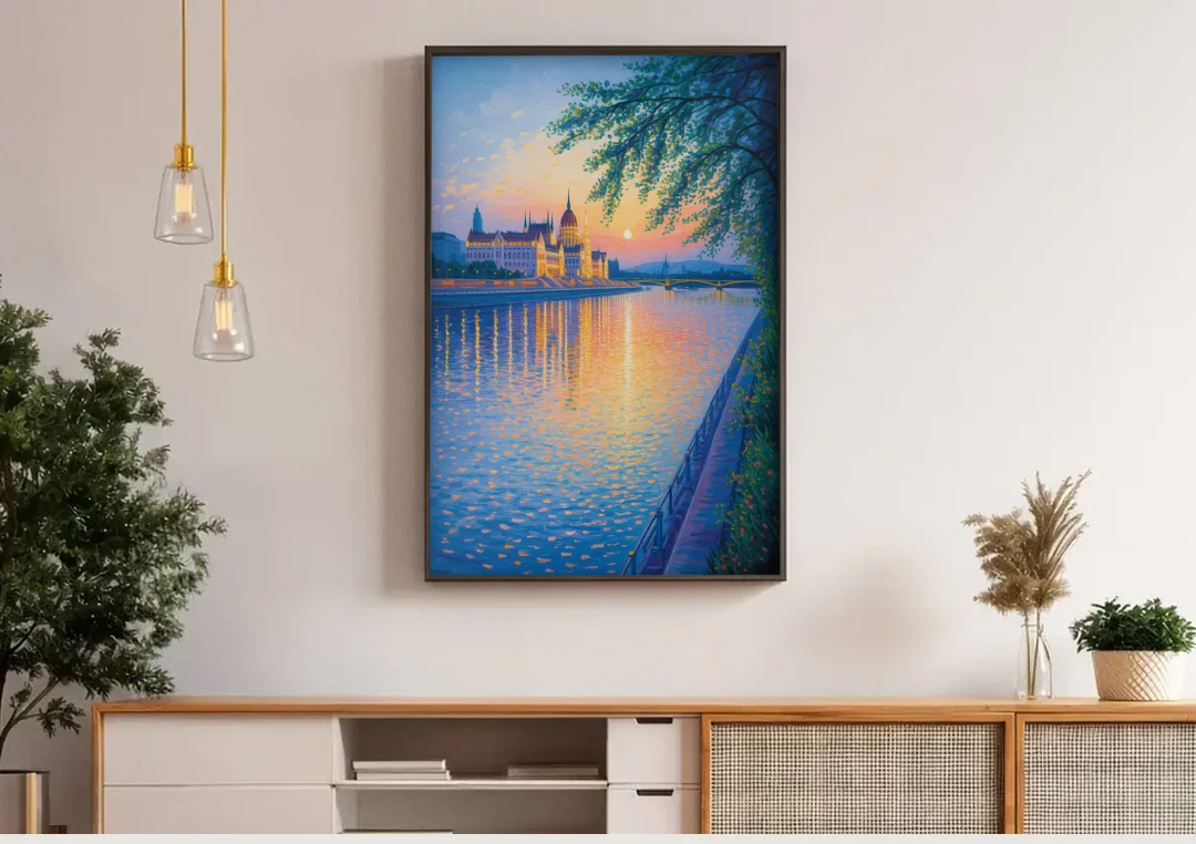 Danube Reflections canvas wall art above a wooden sideboard under pendant lights