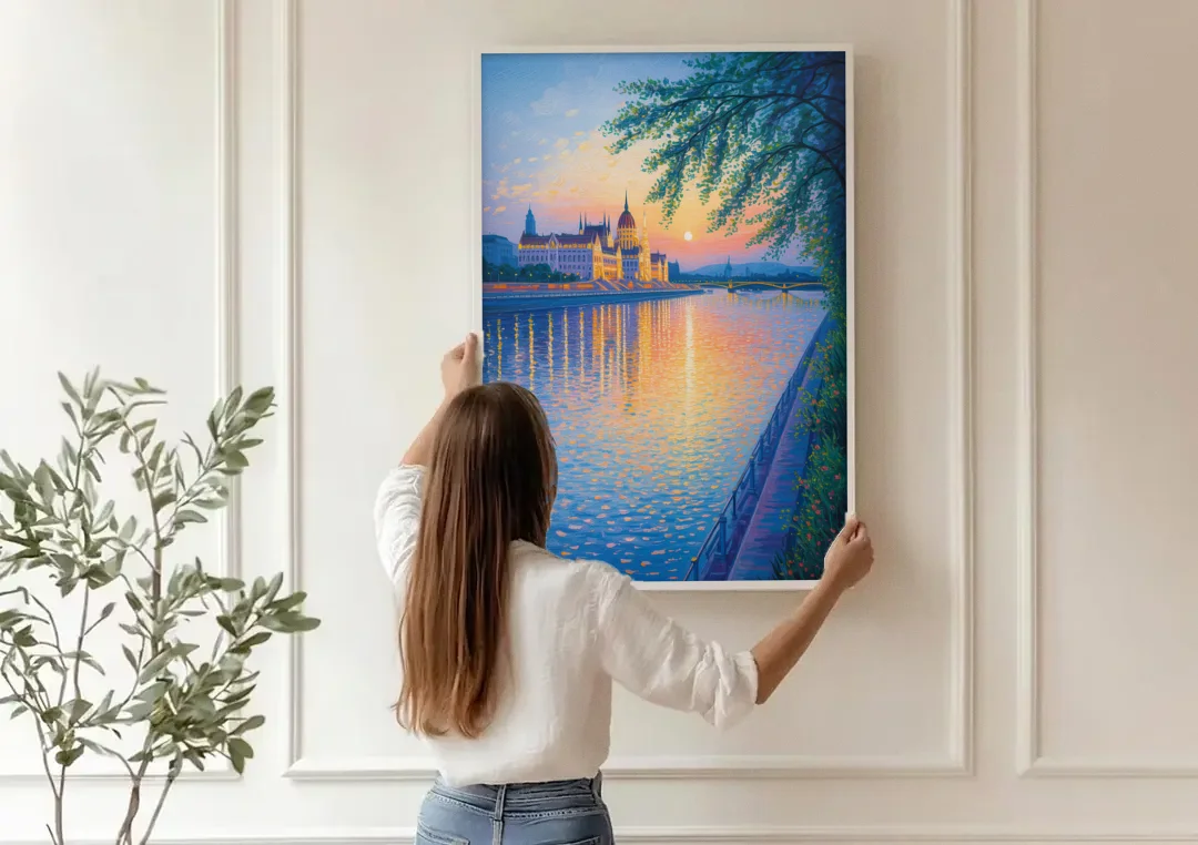 Danube Reflections canvas wall art being hung on a paneled wall