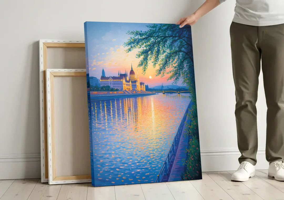 Danube Reflections canvas wall art leaning against a wall next to blank canvases