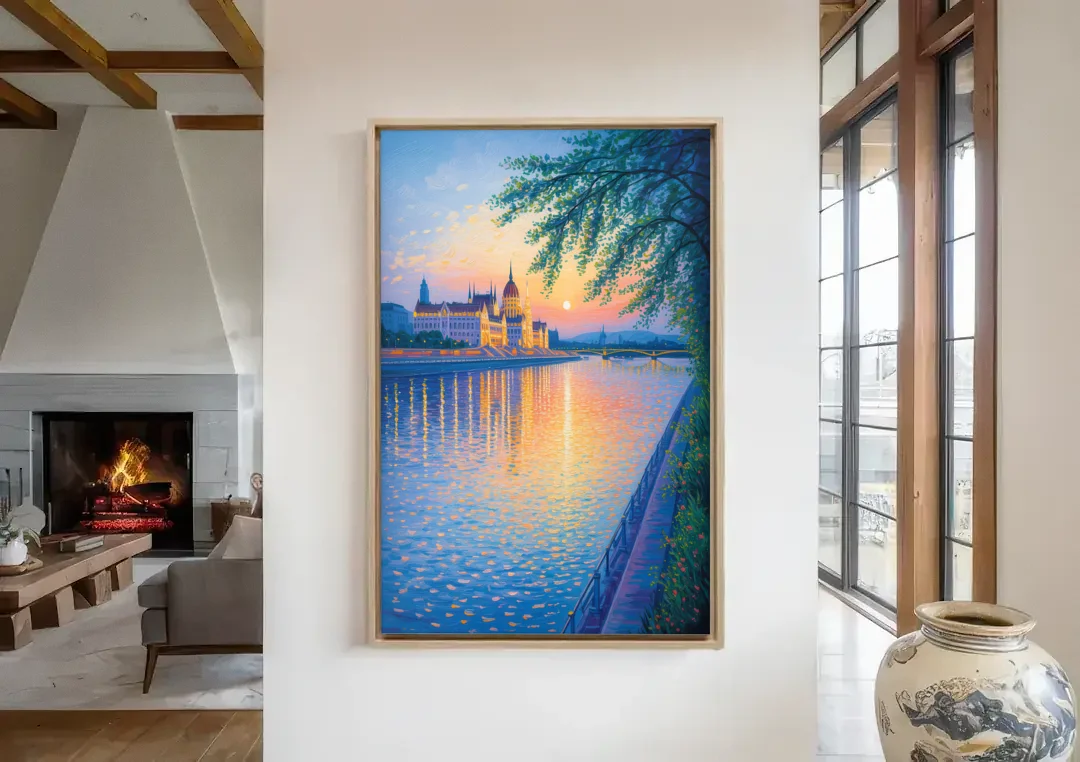Danube Reflections canvas wall art in a living room with a fireplace