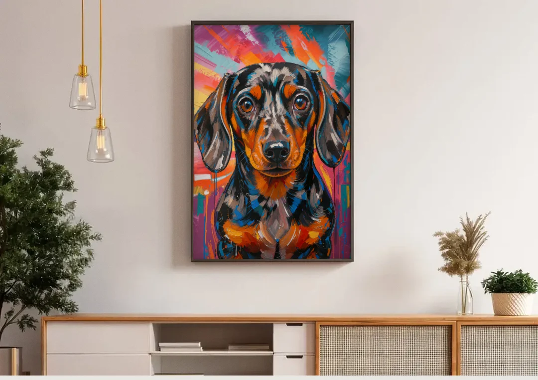 Expressive Dapple Wiener Dog Color Burst canvas wall art above a wooden sideboard under pendant lights