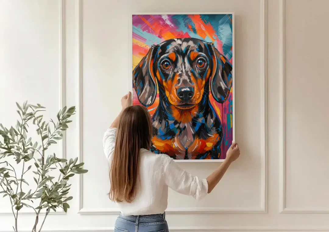 Expressive Dapple Wiener Dog Color Burst canvas wall art being hung on a paneled wall