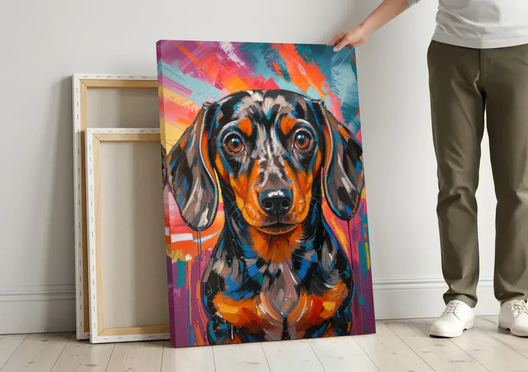Expressive Dapple Wiener Dog Color Burst canvas wall art leaning against a wall next to blank canvases